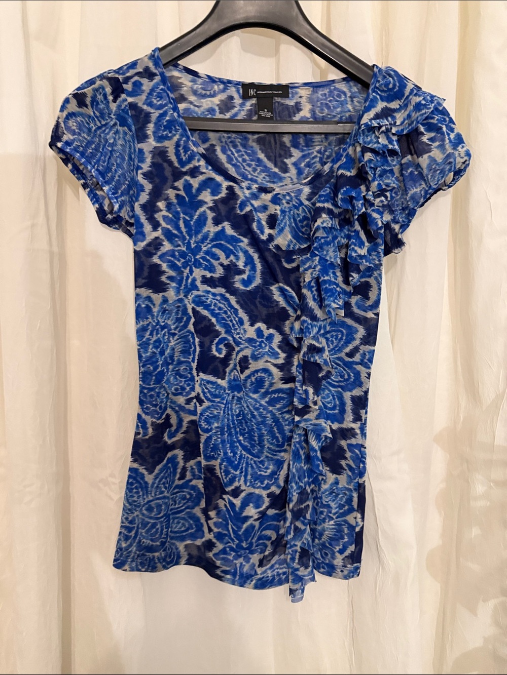 INC International Concepts Blue Floral Ruffle Short Sleeve Tee